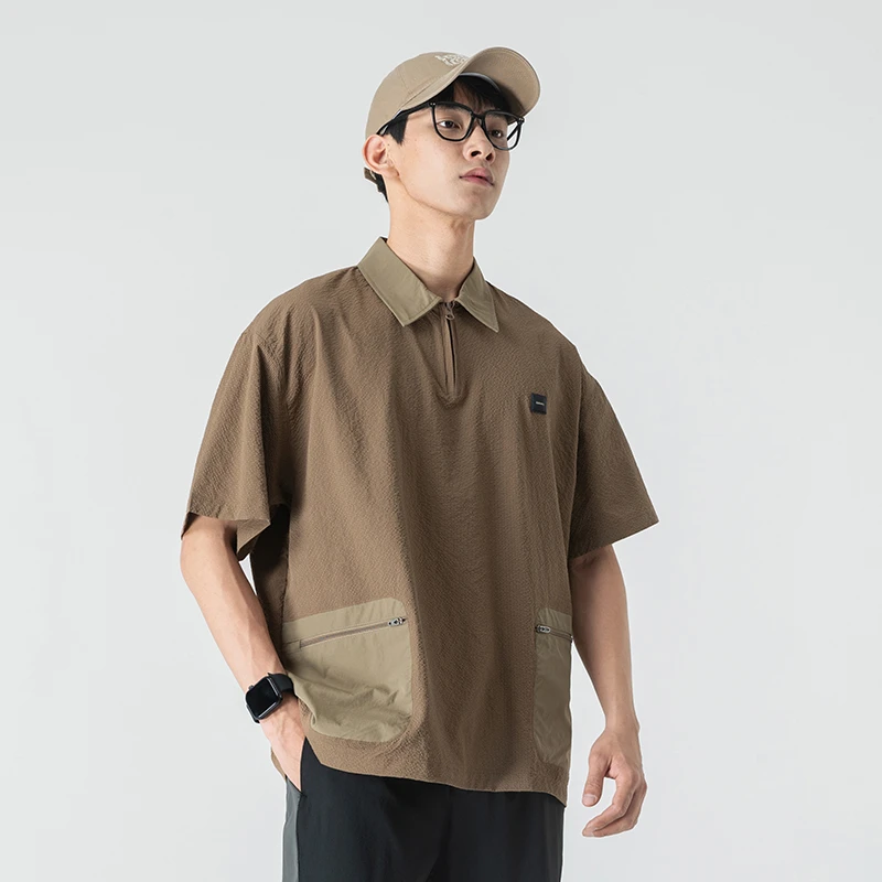 高端速干凉感科技口袋短袖Polo衫男夏季宽松大码休闲泡泡纱T恤男