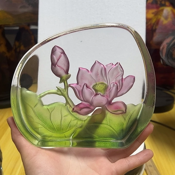 小***屋琉璃手工艺品荷花背雕花瓶花器高14直径16