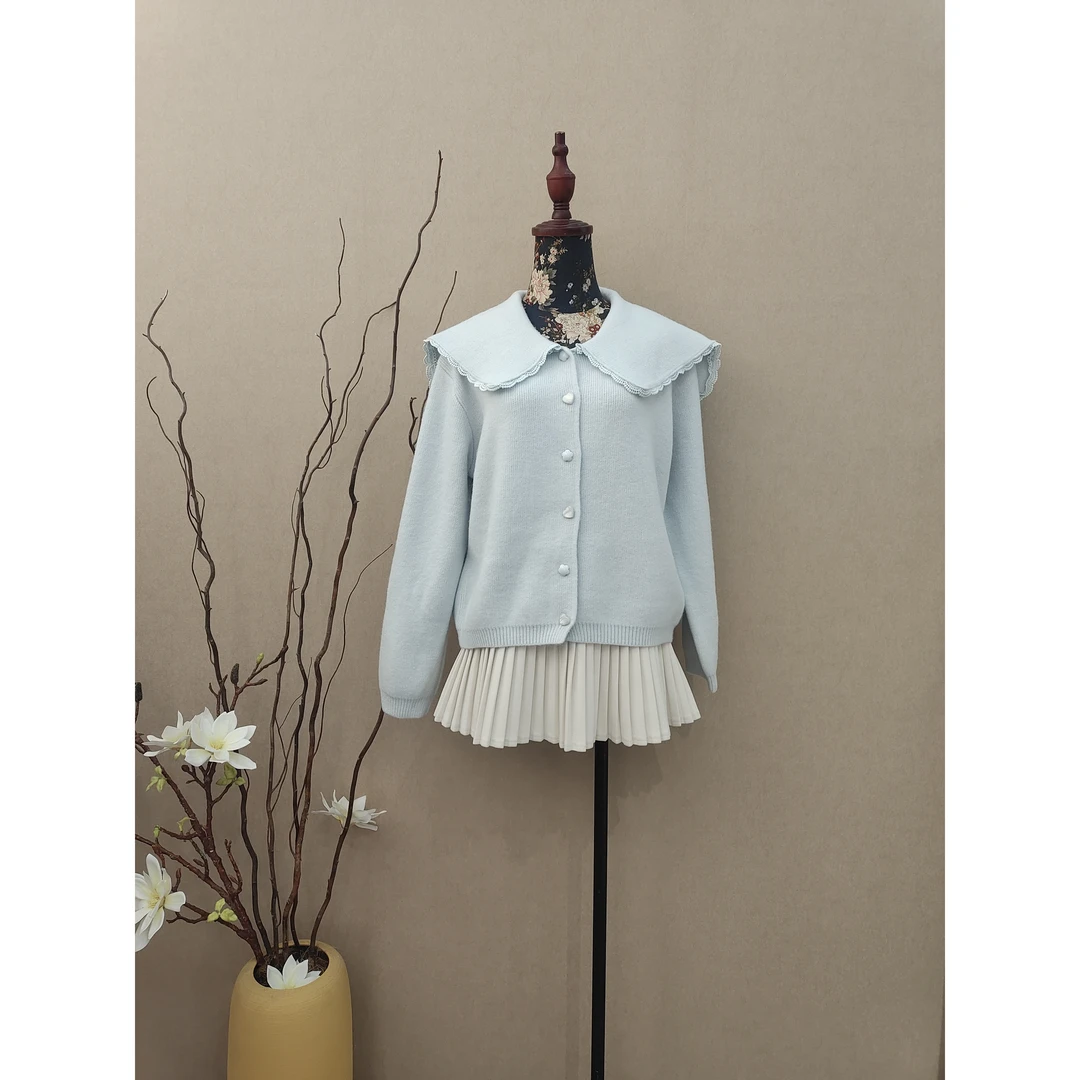 米雪严选一学院风新款厚款韩系短款蕾丝花边海军领毛衣开衫外套