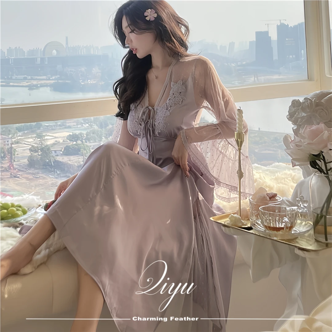 绮羽【梧桐花开】-性感女冰丝薄款纯欲仙女风冰丝长袖睡裙网纱