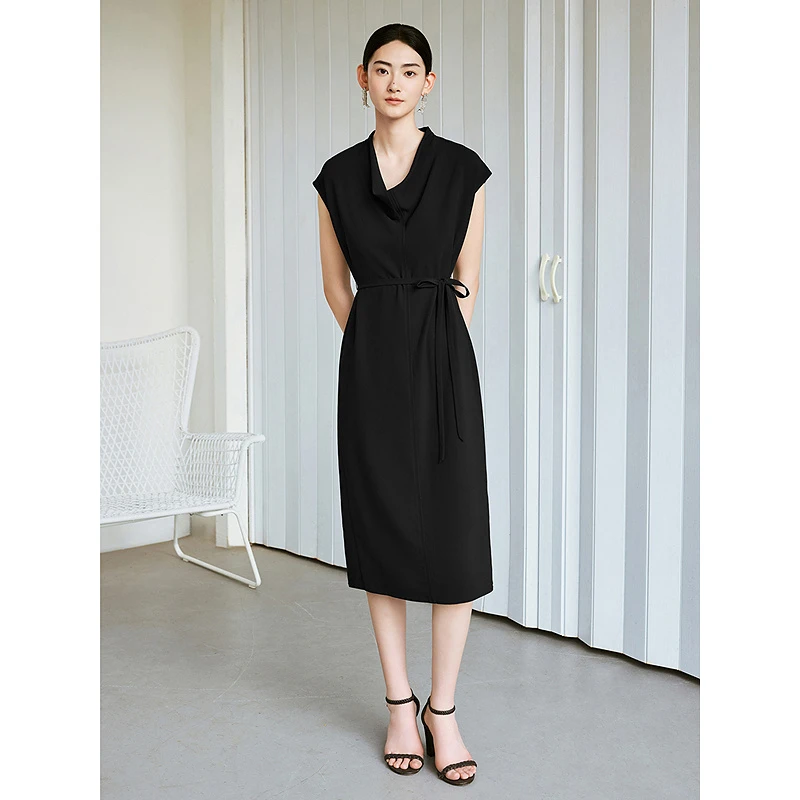 【雅致黑裙】YINER音儿2025夏季新款醋酸荡领盖袖连衣裙8C65205456