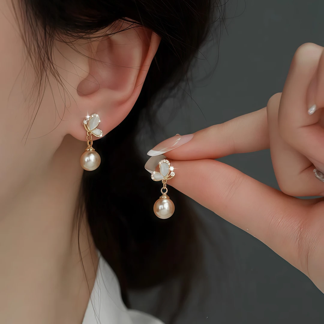 925银耳饰 银针蝴蝶珍珠耳环女2025新款爆款耳钉小众高级感耳饰品