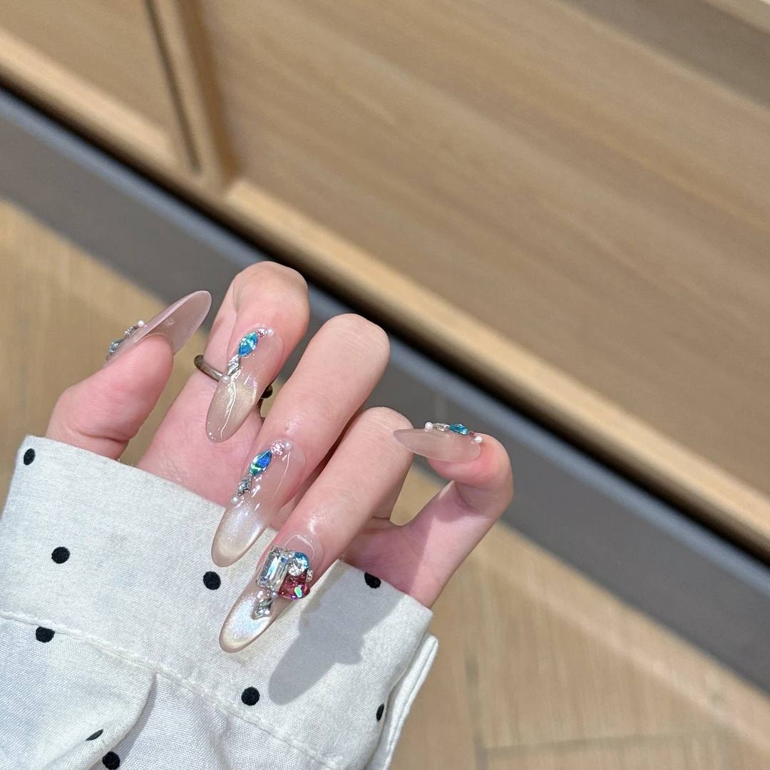 【月光绮梦】纯手工穿戴甲ins百搭显白贴钻爆闪猫眼指甲贴美甲贴片