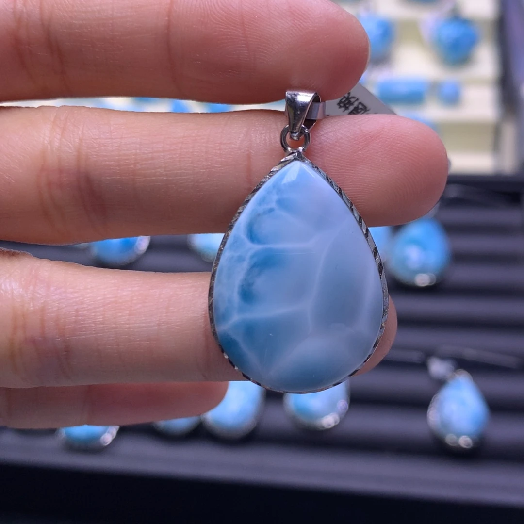 针钠钙石（海纹石）银S925镶嵌吊坠(不含链)水滴吊坠色差略异