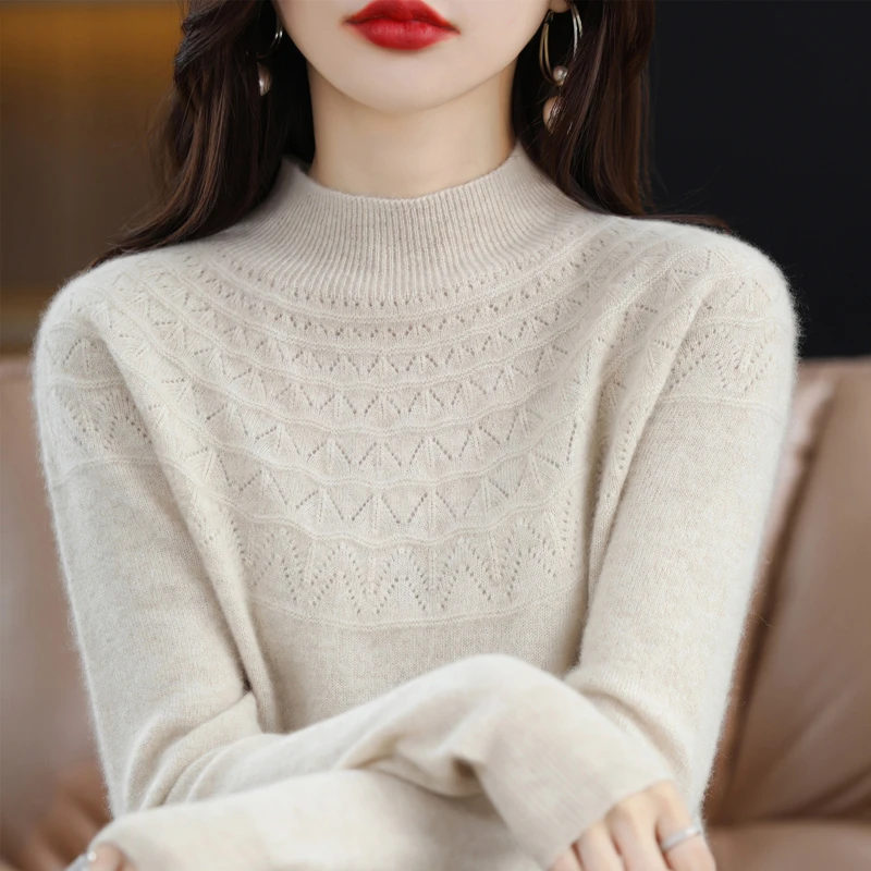 100%羊毛衫秋冬宽松针织镂空长袖半高女百搭 通71695 .Q