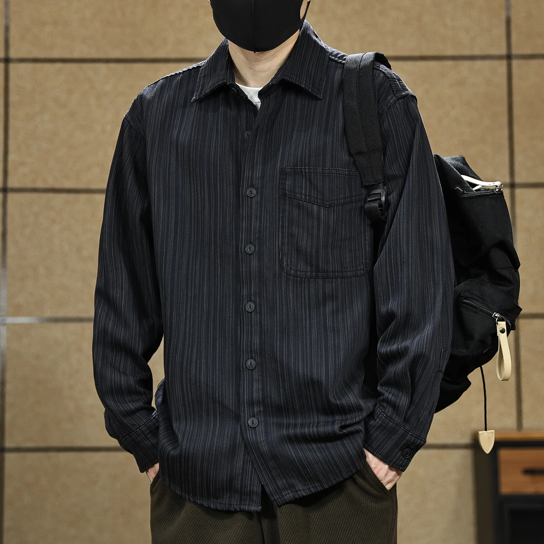 美式高端竖纹休闲衬衫外套男士秋季潮流上衣免烫抗皱复古工装衬衣