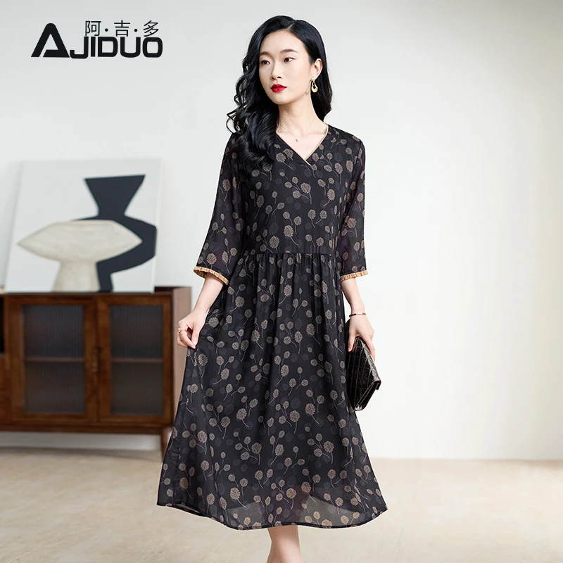 阿吉多七分袖印花连衣裙女初秋2025新款复古高级长裙洋气大码裙子