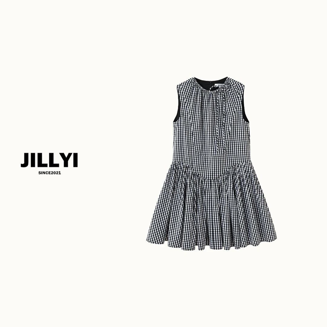 JILLYI珠海店【黑白写照】黑白撞色领口绑带蝴蝶结复古百搭连衣裙