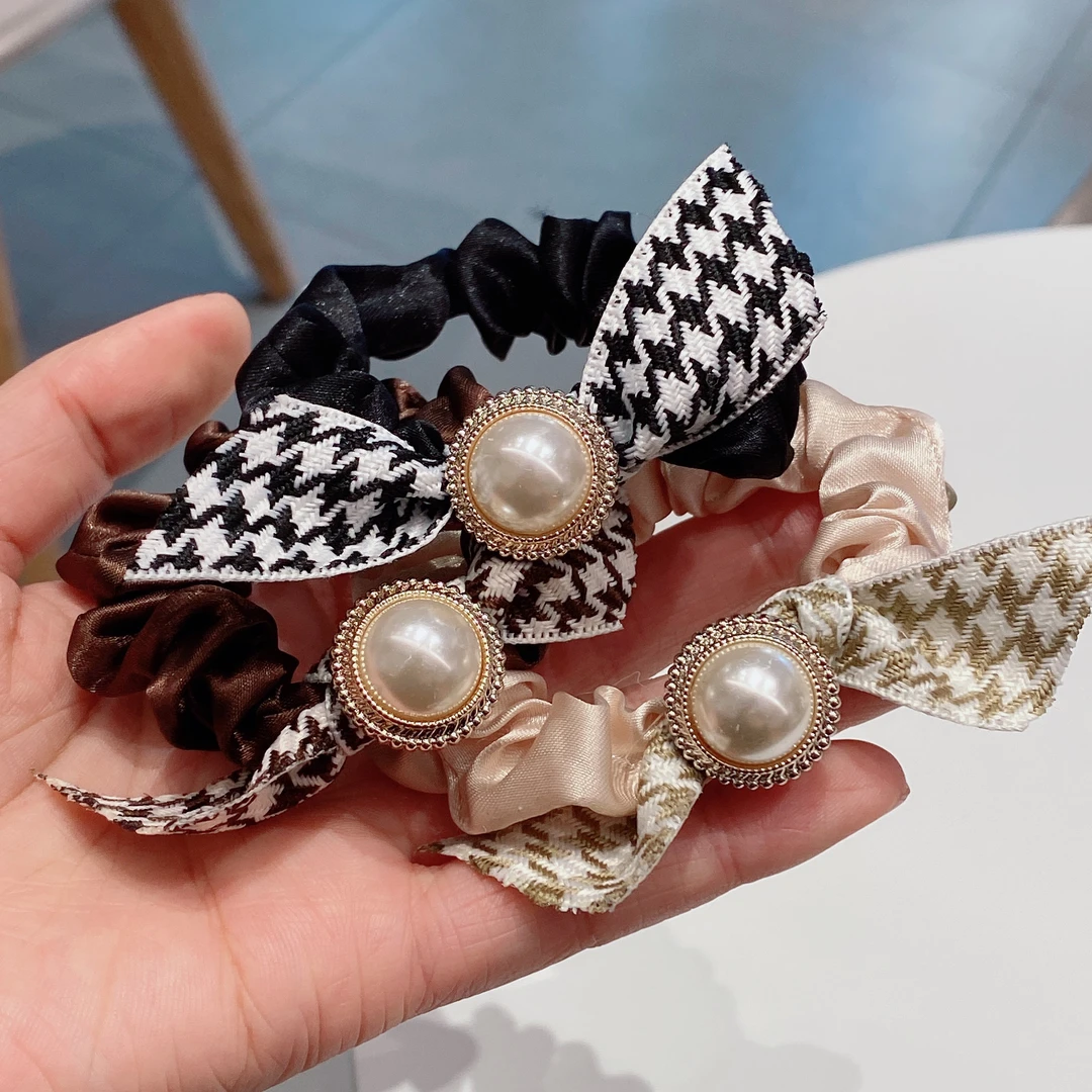 M1588新款千鸟格珠珠发圈