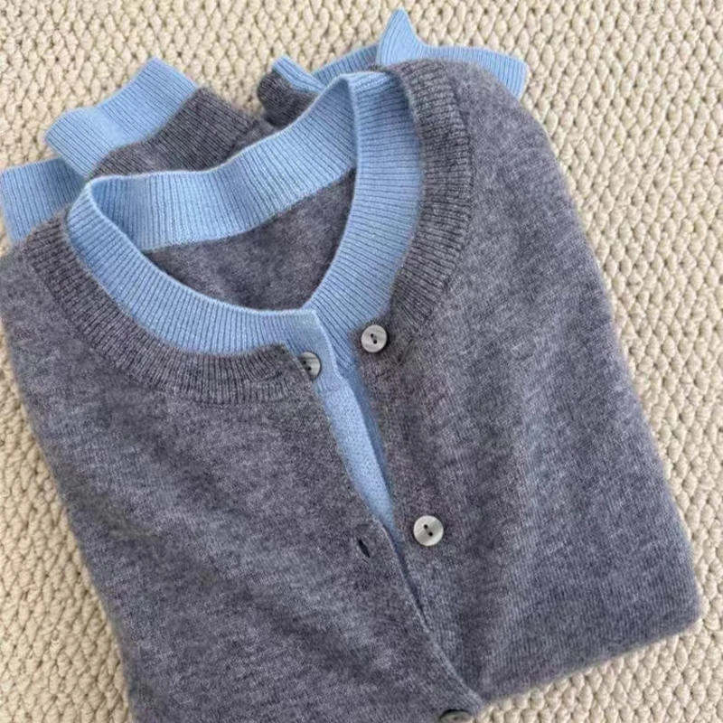 澳洲针织韩版时尚假两件开衫纯圆领100外套羊绒衫毛衣拼色羊毛