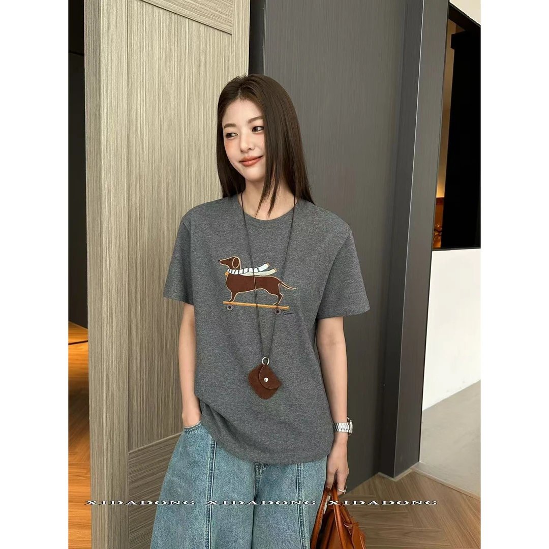 J-11512#[滑板腊肠狗tee~]通勤百搭短袖套头磨毛T(福利)