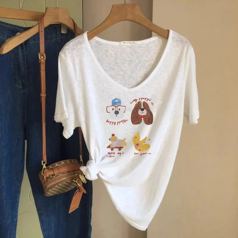 夏季U领2025新款雪花棉慵懒感T恤女韩版印花百搭大码短袖白色上衣