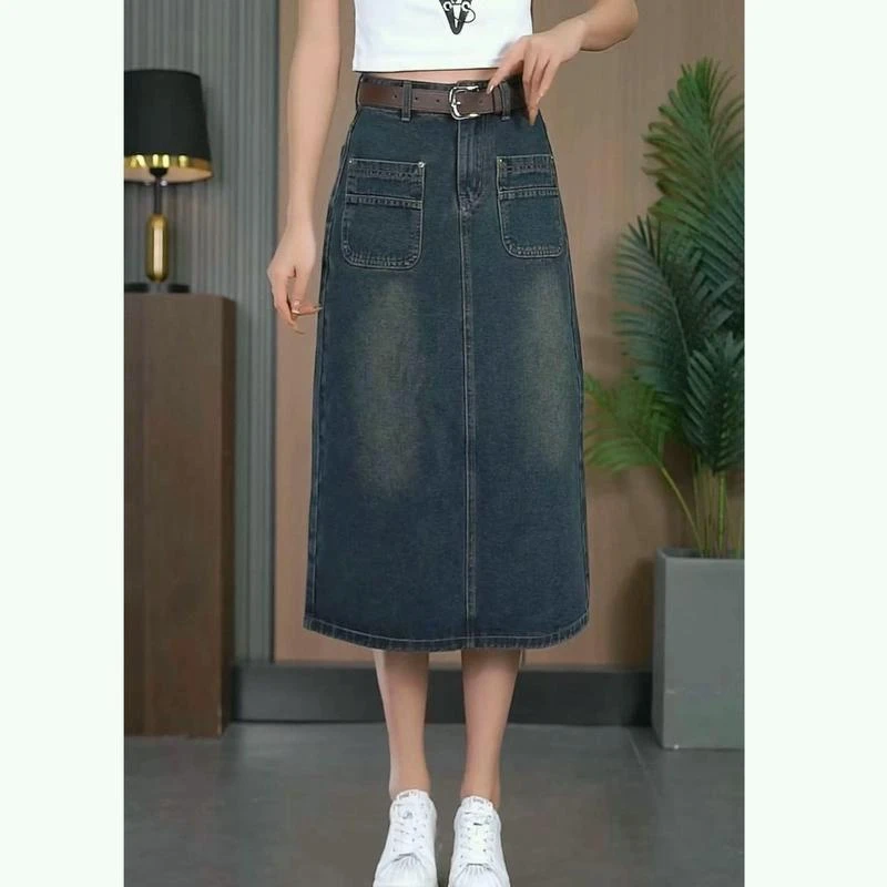 墨黛蓝a字薄款显瘦半身裙女装牛仔高腰时尚百搭复古后开叉中长款！