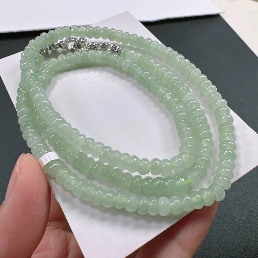 缅甸天然A货翡翠卡5mm老坑糯冰种水润晴底算盘珠女款项链多圈手串