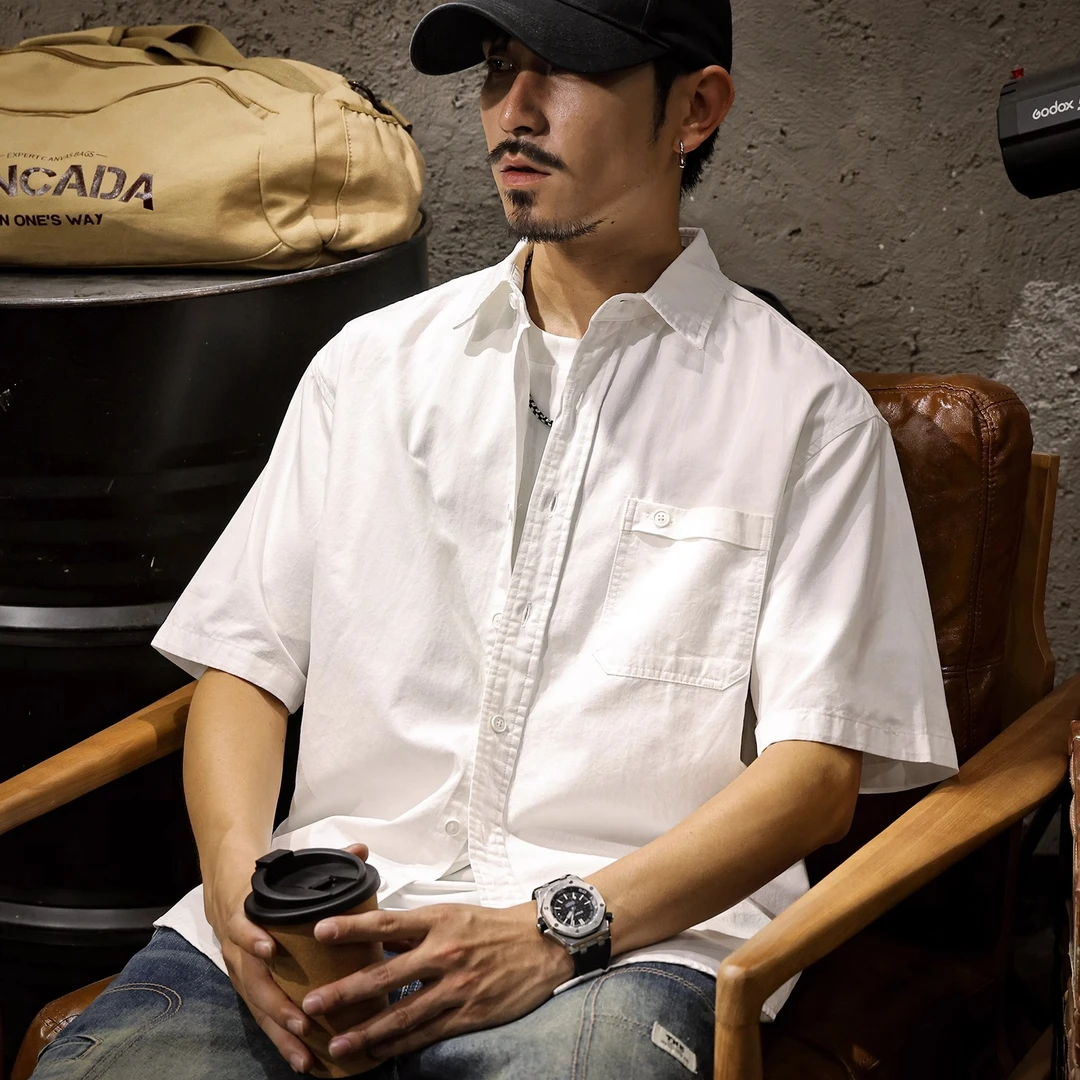 美式翻领白色男士短袖衬衫夏季薄款纯棉简约口袋工装衬衣外套新款