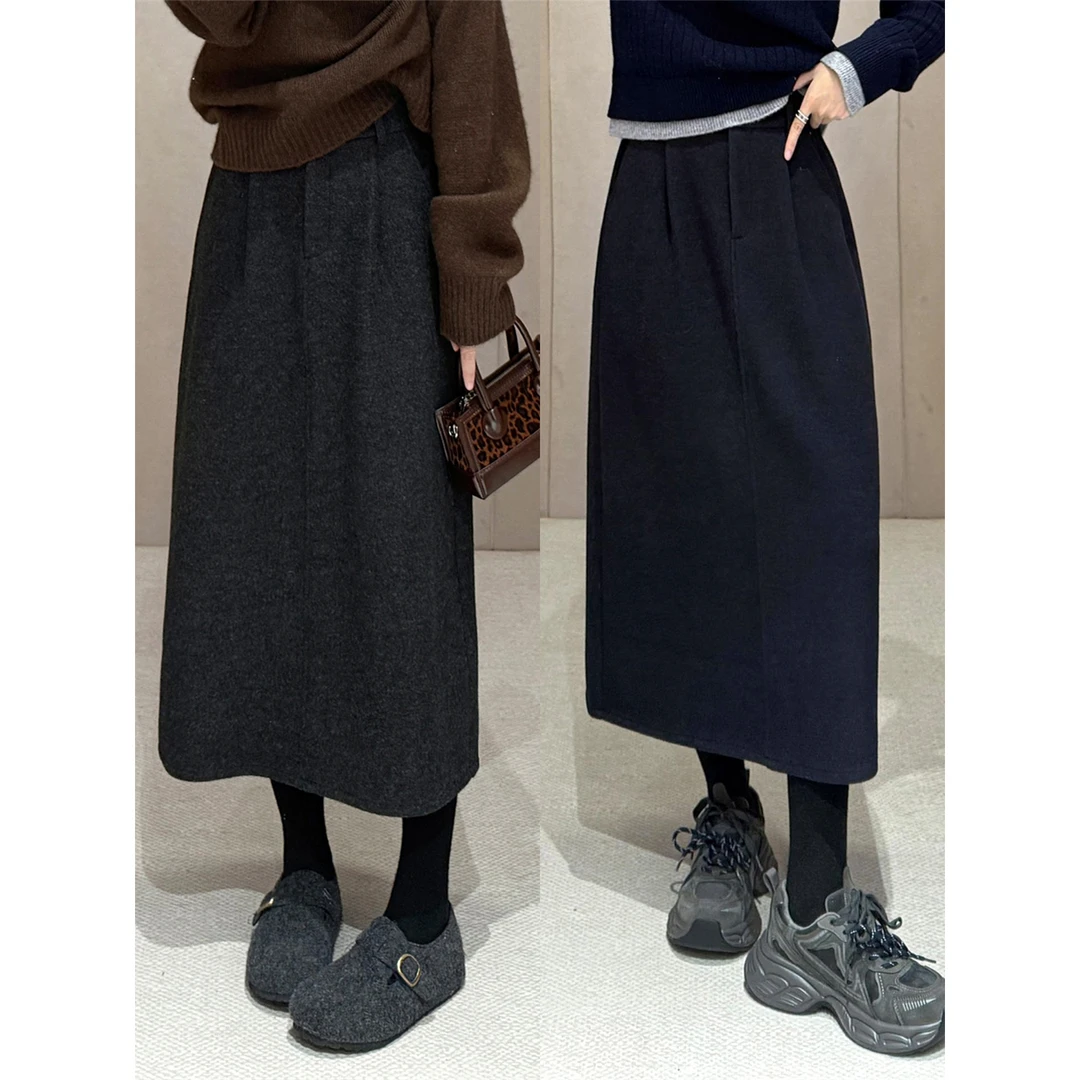 冬季黑灰色毛呢高腰宽松显瘦遮肚子半身裙女大码遮胯垂感百搭裙子