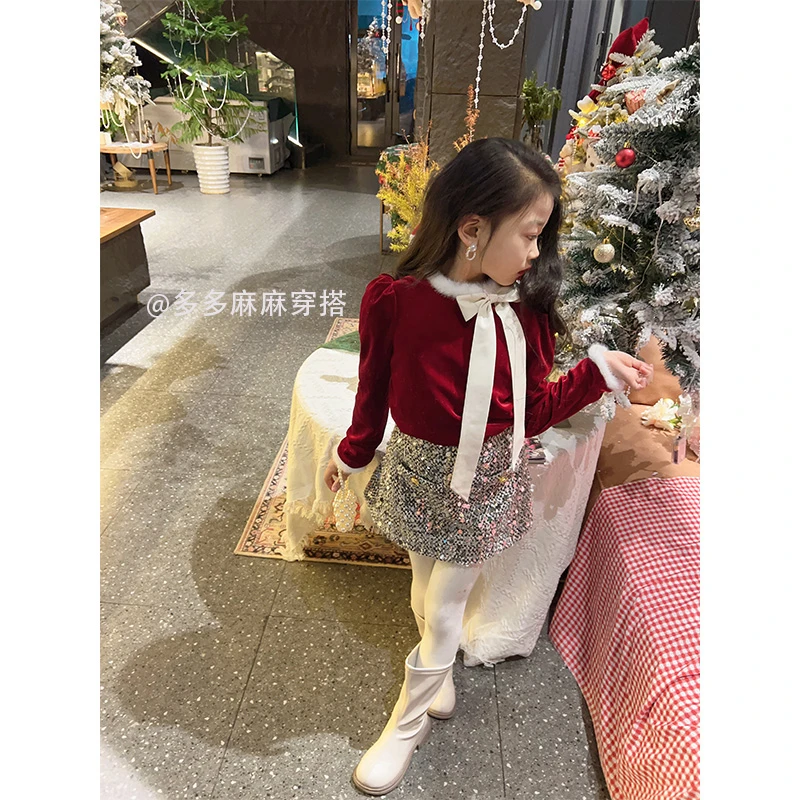 女童小香风蝴蝶结设计感丝绒长袖2024新款两件套23861#