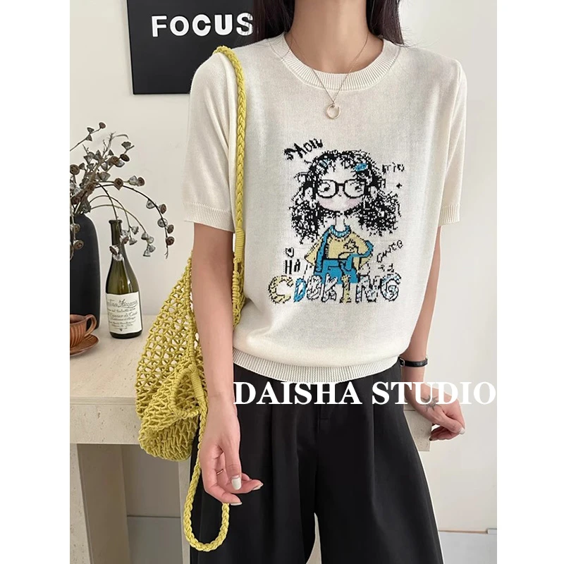 【爆炸头女孩】夏季新款休闲百搭减龄圆领短袖针织t恤衫女显瘦上衣