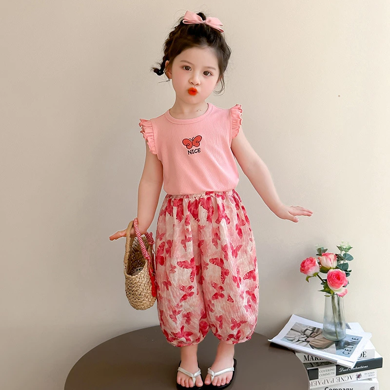 女小童蝴蝶飞袖套装2025夏季新款防蚊裤洋气女宝宝夏装薄款两件套