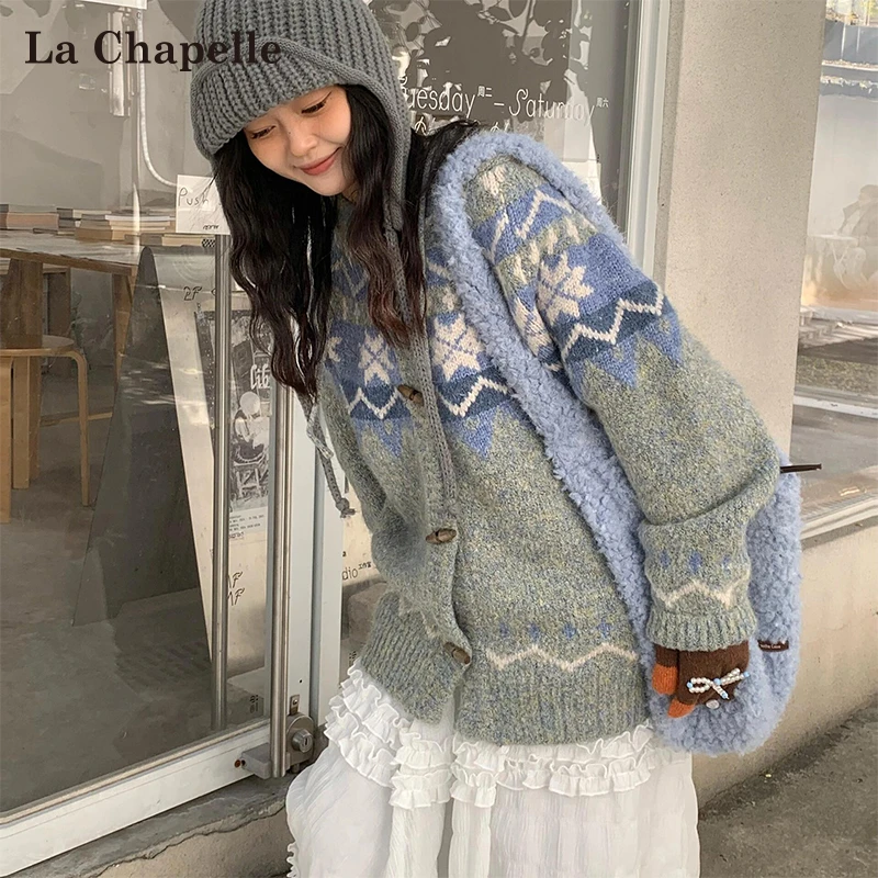 拉夏贝尔复古牛角扣连帽针织衫女秋季2025新款撞色慵懒风宽松上衣