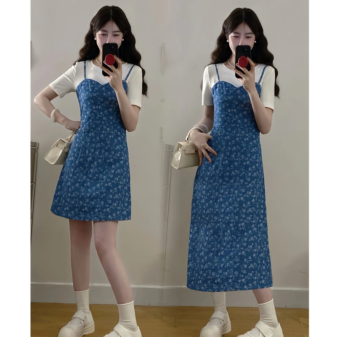 145斤大码女装夏季胖MM法式小碎花收腰显瘦假两件薄款牛仔连衣裙