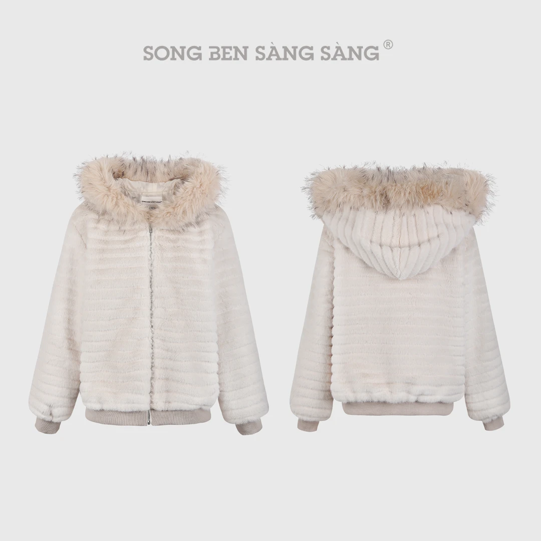 松本丧丧秋冬慵懒感大毛领连帽毛毛外套宽松休闲外套B254O0116