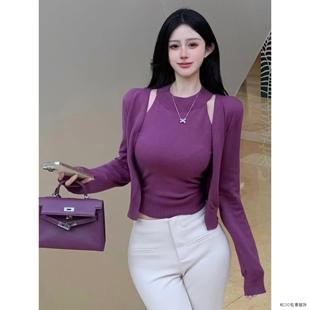 秋冬女性紫色高领针织无袖性感轻奢超火风欲望感上衣开衫两件套纯