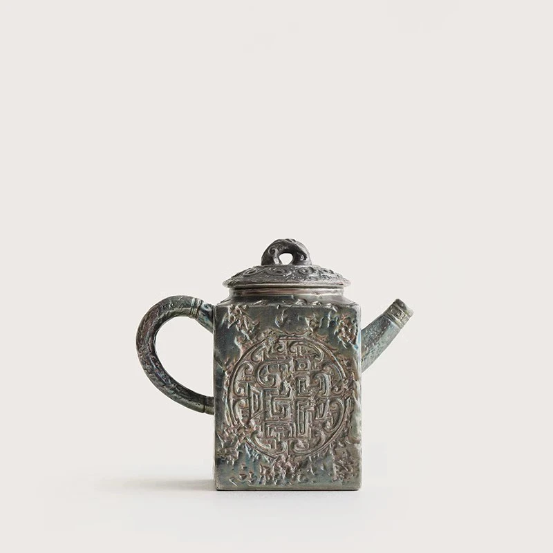 全纯手工999鎏银万彩高档中式复古侘寂风四方螭龙壶家用送礼茶具