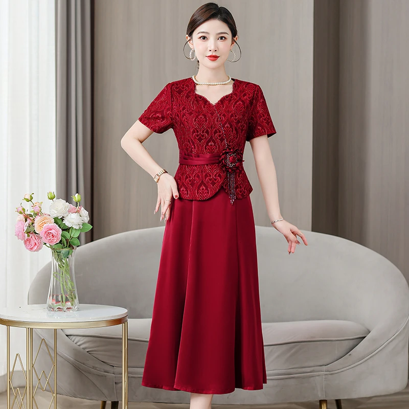 气质连衣裙两件套妈妈婚宴礼服洋气时尚喜婆婆上档次时尚碎花长裙