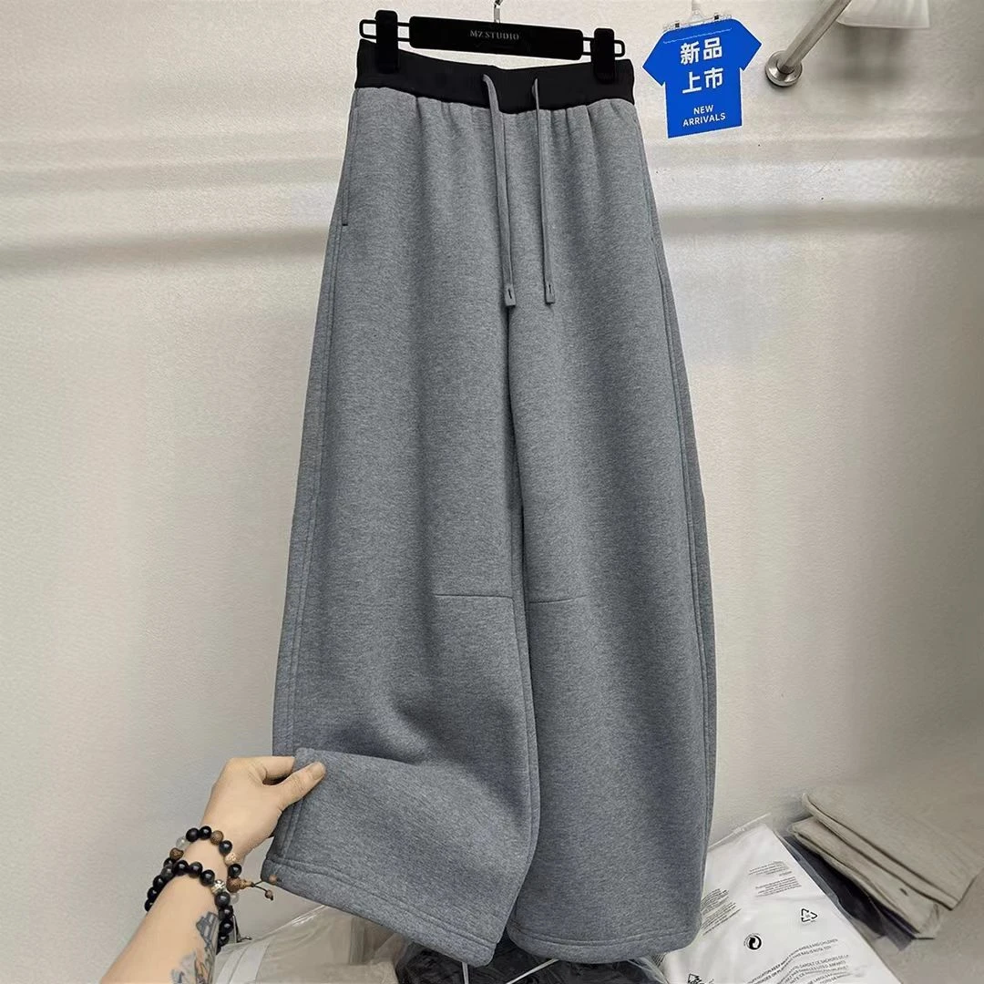 弯刀裤拼接高腰抽绳松紧显瘦百搭高级感撞色加绒运动休闲长裤女