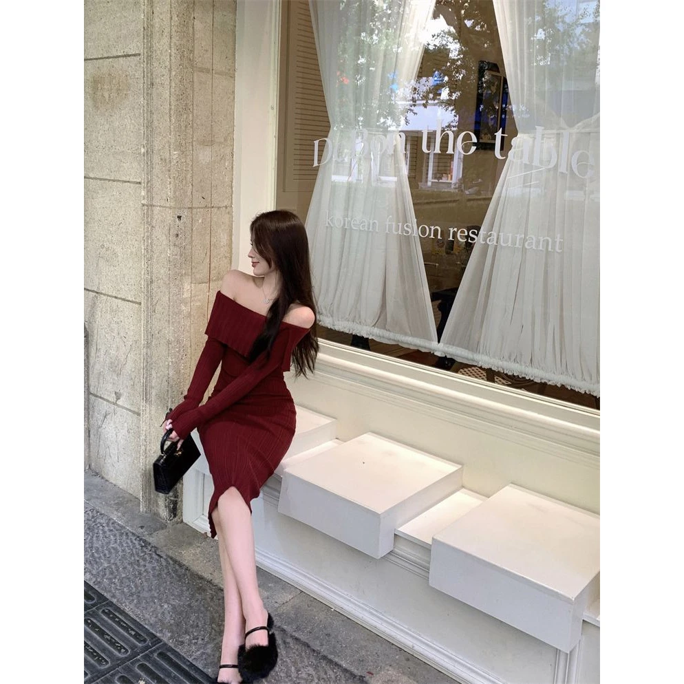 辣妹一字肩长袖连衣裙开叉收腰显瘦中长款包臀裙子气质修身性感