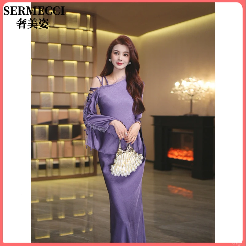 奢美姿 法式复古斜肩紫色荷叶边一字肩连衣裙女中长款鱼尾裙