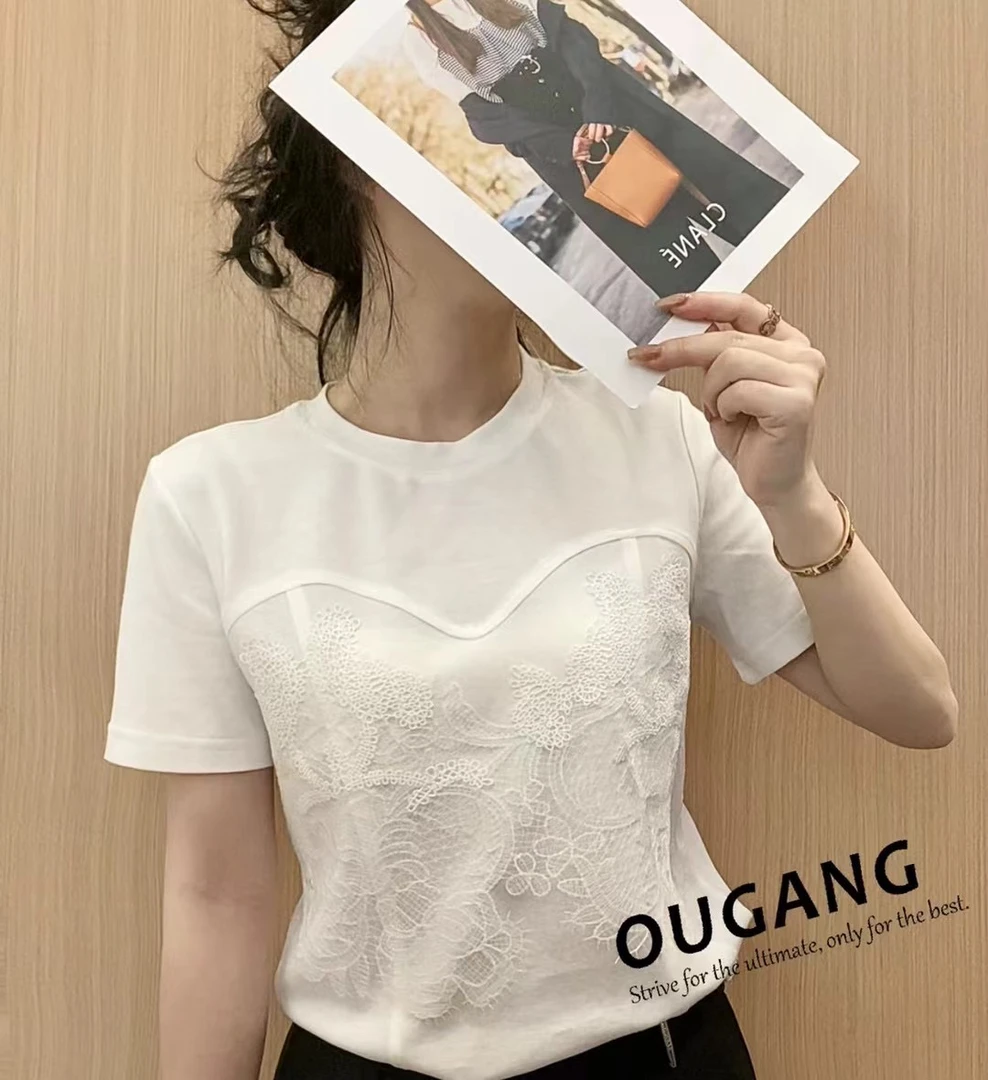 【玫瑰缘】欧货OG简约春季温婉风百搭网红纯色女人味蕾丝T恤短袖