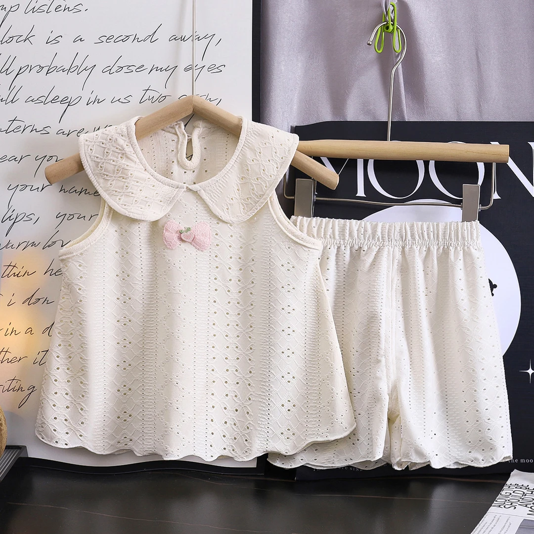 A类严选夏季薄款女童娃娃领镂空裙裤套装少女两件套宝宝装童装