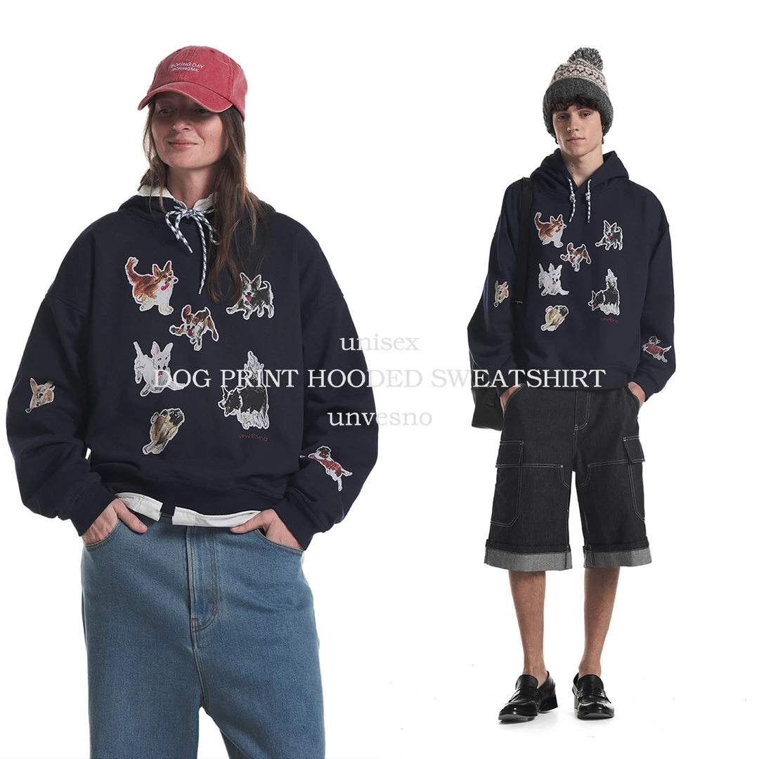 【加绒】Unvesno(UN)松弛活力宽松“快乐小狗”手绘印花加绒连帽卫衣