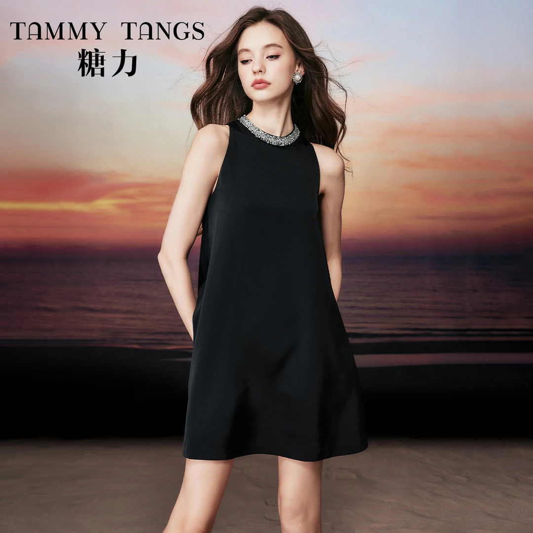 糖力赫本风背心裙小礼服精致钻饰缎面无袖连衣裙