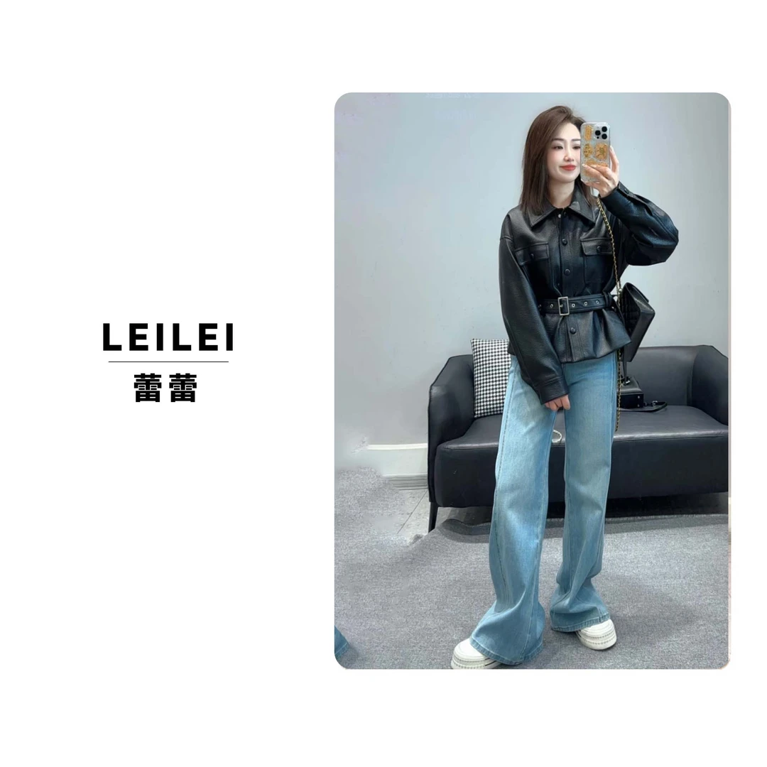 2025【蕾蕾家】春季时尚洋气百搭潮流气质休闲纯黑色腰带皮衣