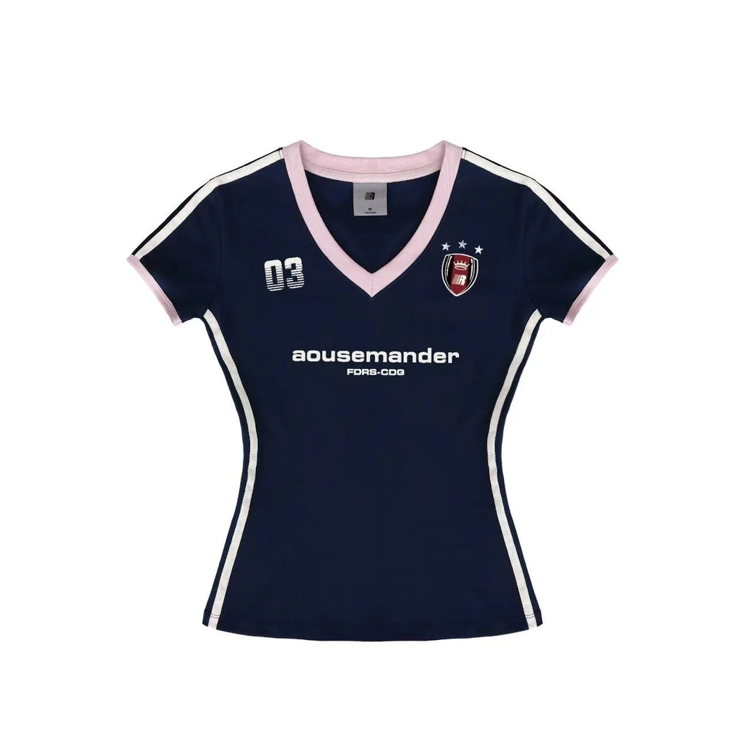 粥粥美式vv辣妹球衣运动短袖t恤