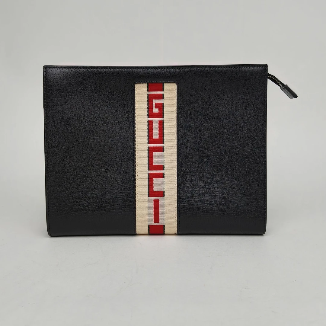 95新 GUCCI/古驰 攀攀. 黑色 皮革C 帆布 刺绣条纹 洗漱包 手拿包