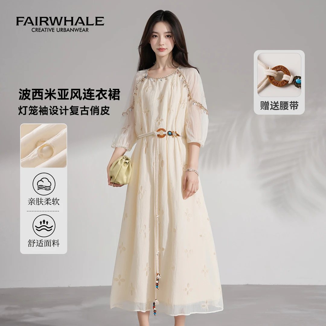 马克华菲女装法式设计感刺绣镂空花纹灯笼袖圆领收腰显瘦连衣裙子