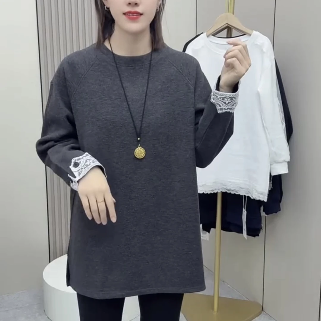 秋冬新款韩系时尚圆领蕾丝花边拼接宽松休闲慵懒外穿打底衫上衣