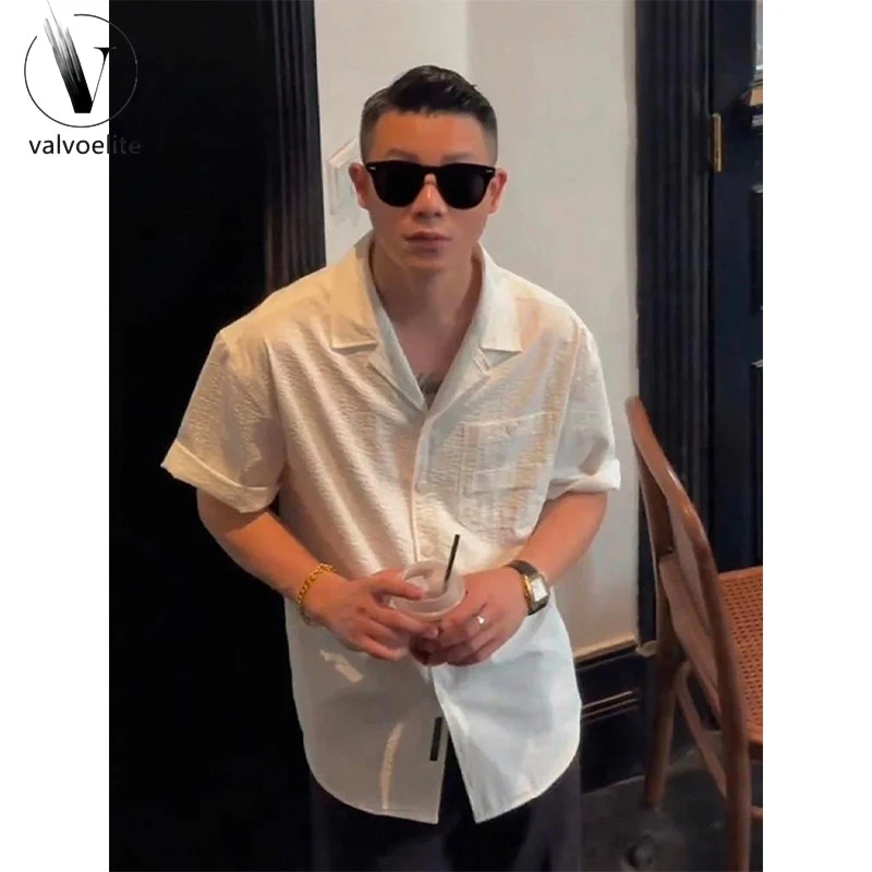 VALVOELITE老钱风竖纹泡泡纱短袖衬衫男款夏季潮牌高级感古巴领宽