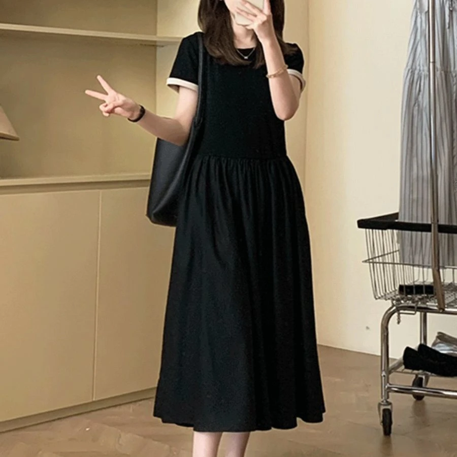 特大码法式气质短袖连衣裙女夏季高腰温柔宽松遮肉A字裙裙子长裙
