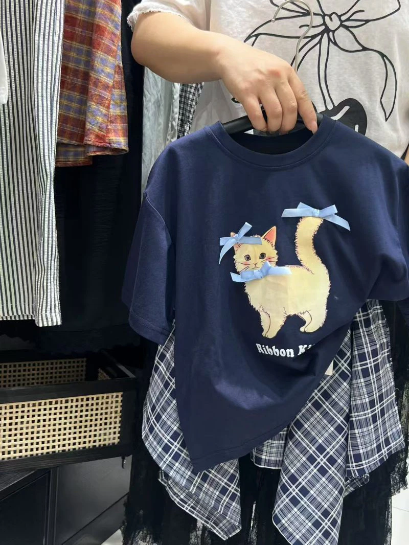 蓝色猫咪格子套装裤裙120到160