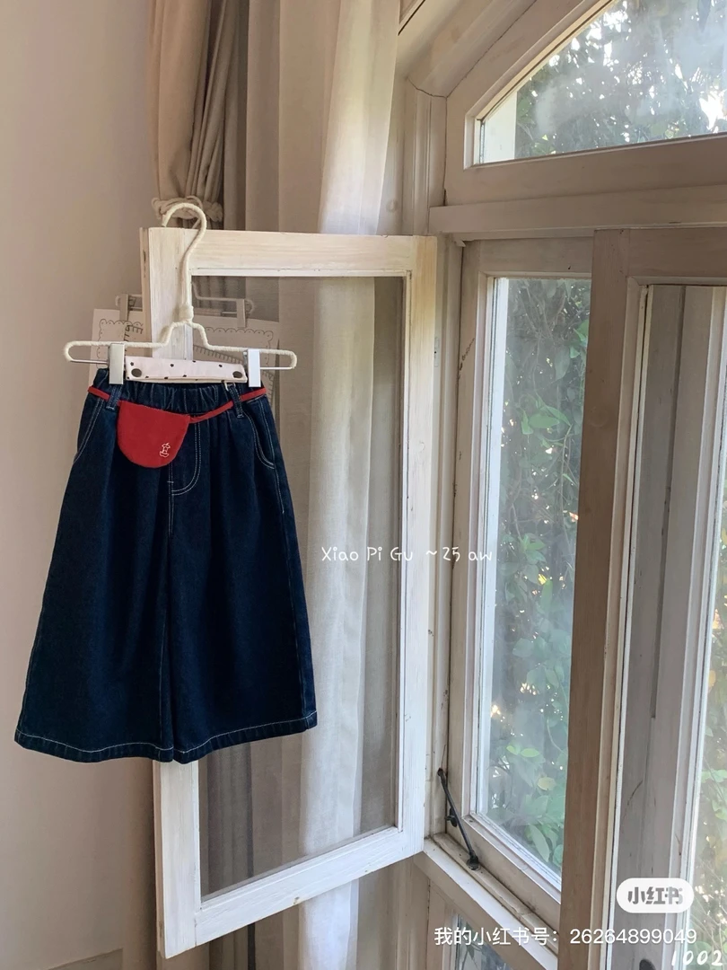 小屁股～女童阔腿牛仔长裤原色蓝两件套裤子