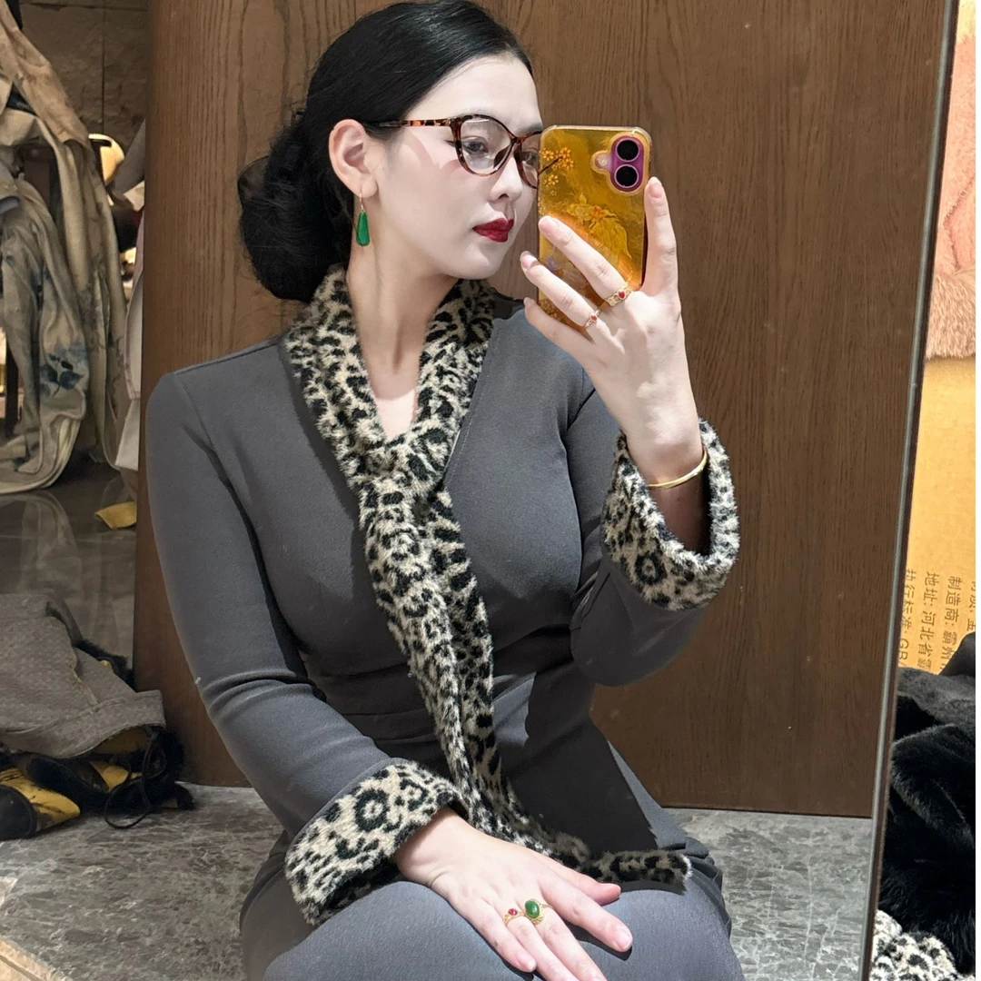 LHMknk1画报夫人原创厚款西装弹力豹纹鱼尾氛围连衣裙 西西里小姐