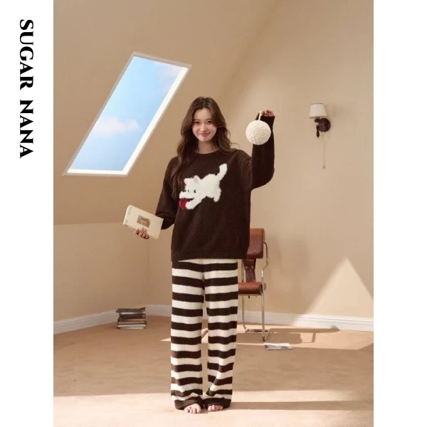 Sugar NaNa 秋冬女款顽皮猫加绒休闲家居服半边绒套装