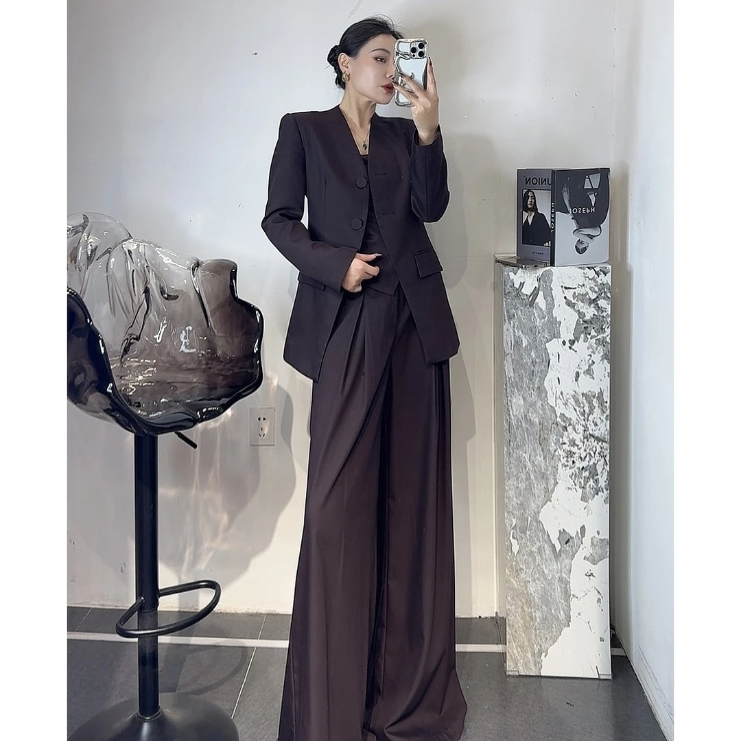ZEROYK时尚套装女高级感深棕色宽松西装抹胸上衣阔腿裤通勤两件套
