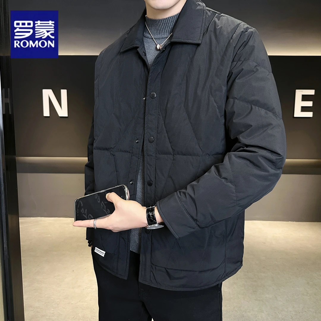 罗蒙立领韩版几何图案短款男士轻薄羽绒服翻领秋冬保暖百搭男外套