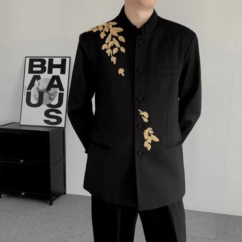 男士西服套装中山装中国风复古休闲黑色演出服秋冬潮流新郎装+春
